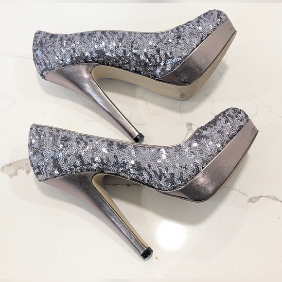 Silver sequin platform high heel pumps womens 7.5 glitter sparkly party Shoes - Picture 12 of 14